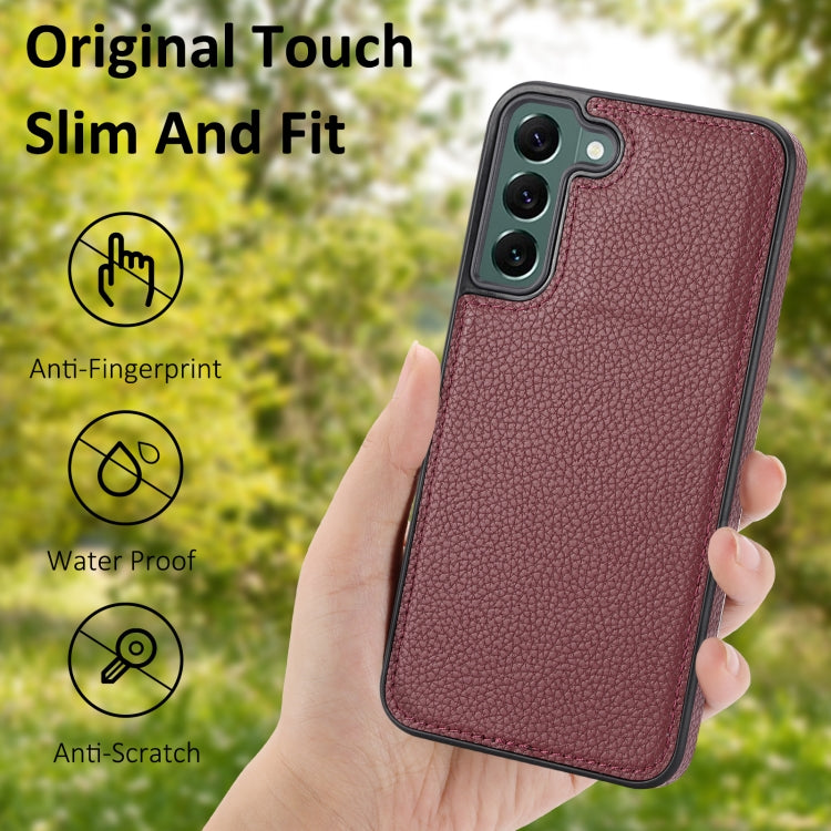 Samsung Galaxy S22+ 5G phone case with litchi pattern, showcasing its stitched design and side-mounted features.